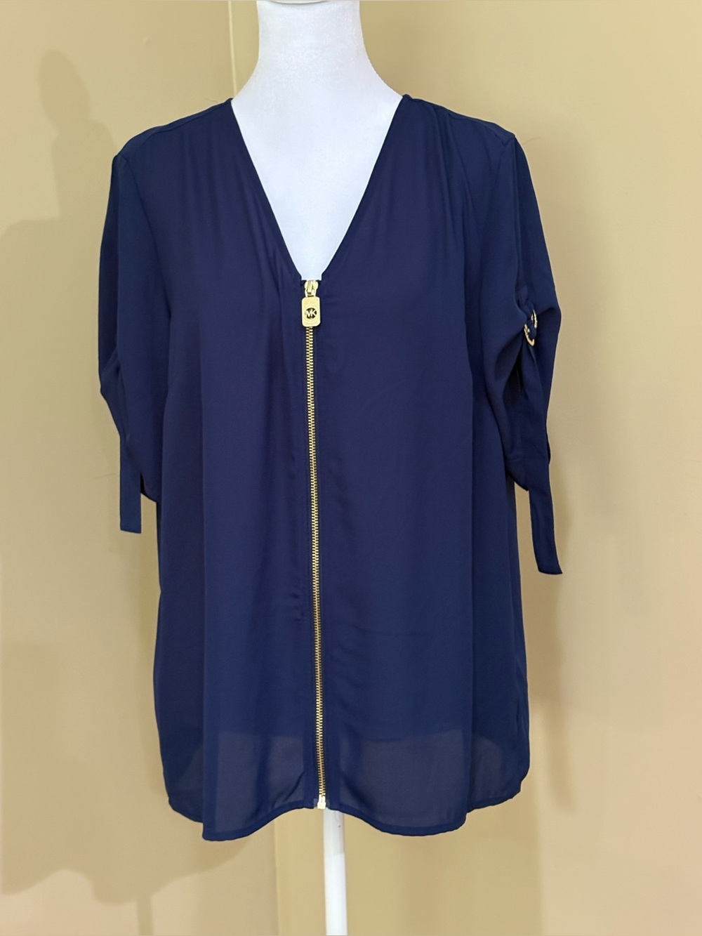 Michael Kors Navy Gold Zip V-Neck Blouse